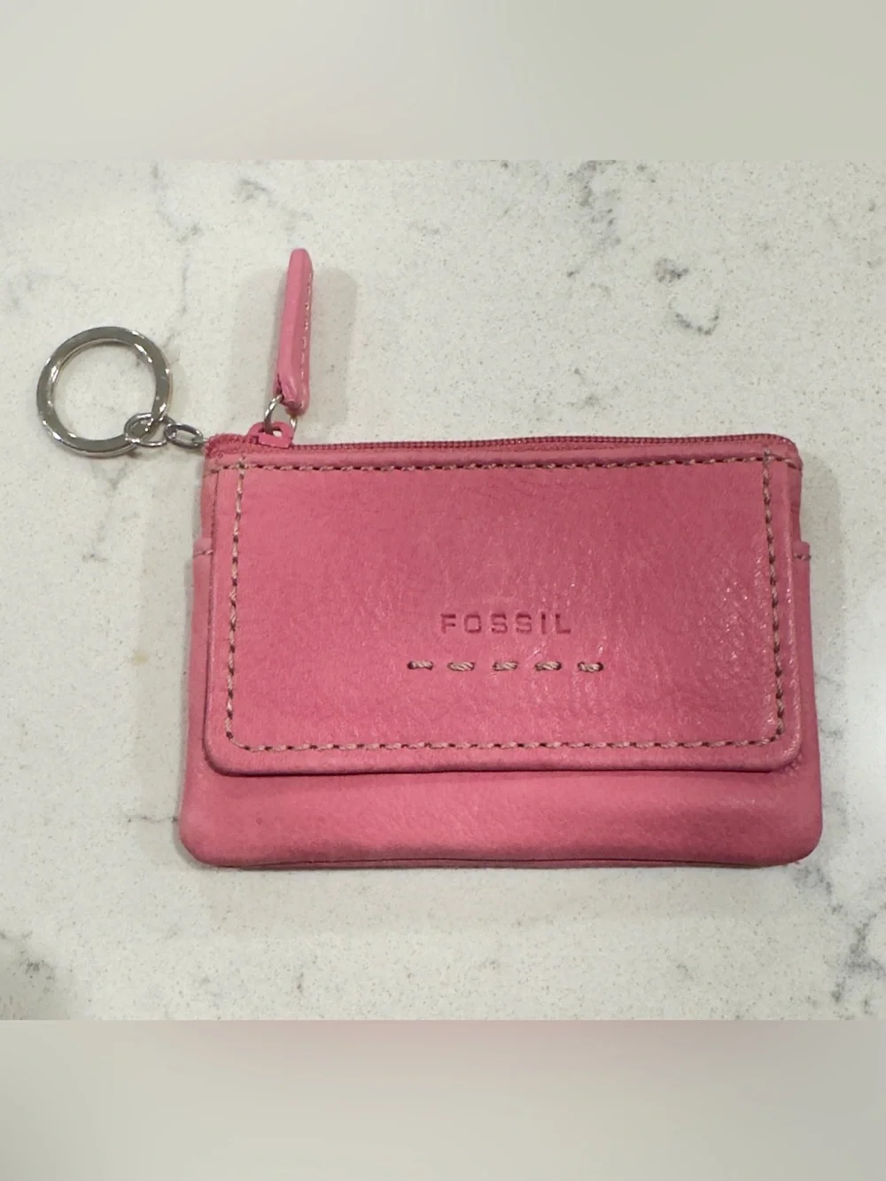 Vintage Fossil Pink Genuine Leather Card Holder Coin Pouch Keychain